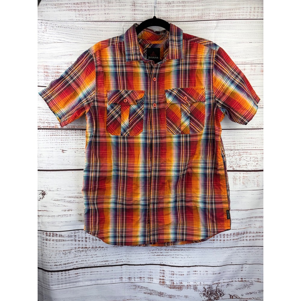 Prana Mens Short Sleeve Plaid Button Down Shirt Multi Color Orange Red Medium